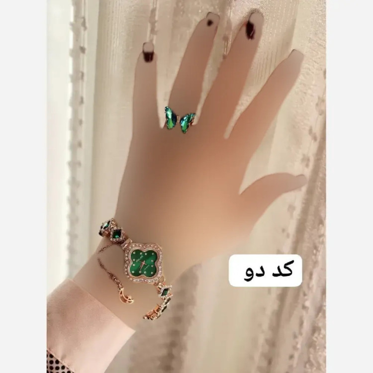 ساعت مچی مجلسی زنانه نگین دار به همراه انگشتر پروانه و جعبه کادویی