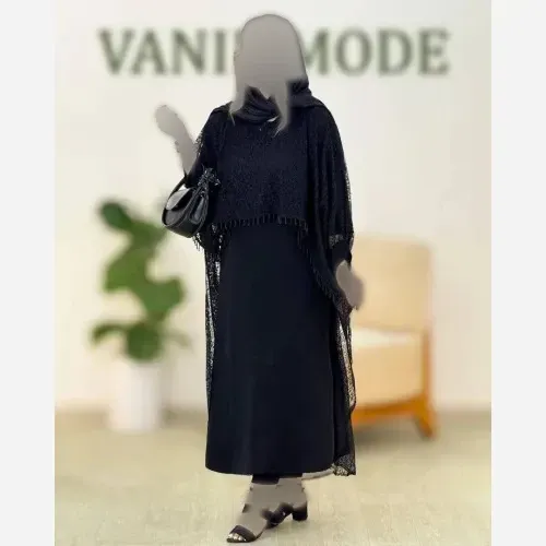 ست پیراهن و رویه زنانه مدل سرمه جنس کرپ بوگاتی و گیپور رنگ مشکی فری سایز