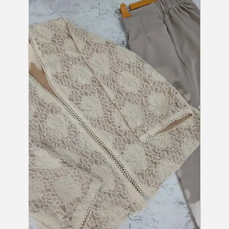 ست کت و شلوار مجلسی زنانه جنس گیپور دانتل و شلوار مازراتی سایز 36 تا 48