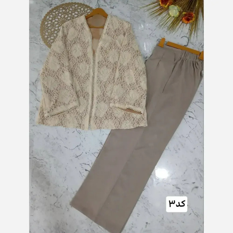 ست کت و شلوار مجلسی زنانه جنس گیپور دانتل و شلوار مازراتی سایز 36 تا 48