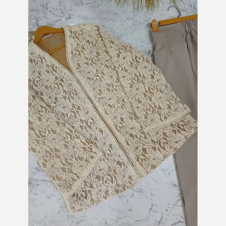 ست کت و شلوار مجلسی زنانه جنس گیپور دانتل و شلوار مازراتی سایز 36 تا 48