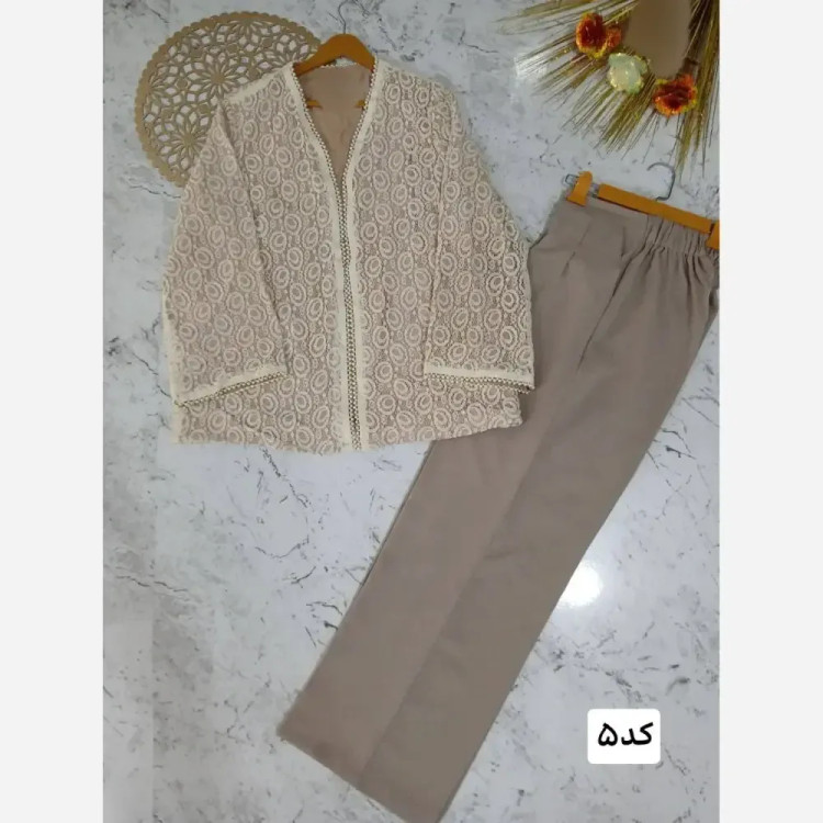 ست کت و شلوار مجلسی زنانه جنس گیپور دانتل و شلوار مازراتی سایز 36 تا 48