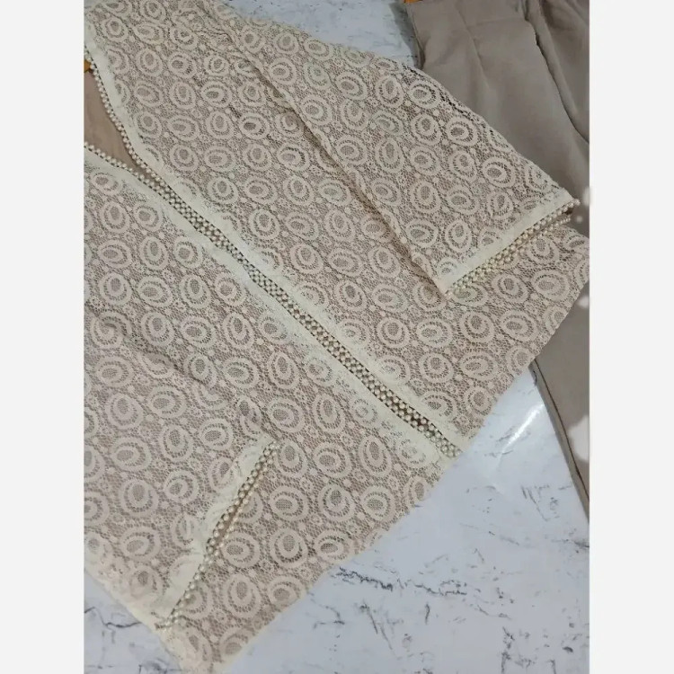 ست کت و شلوار مجلسی زنانه جنس گیپور دانتل و شلوار مازراتی سایز 36 تا 48