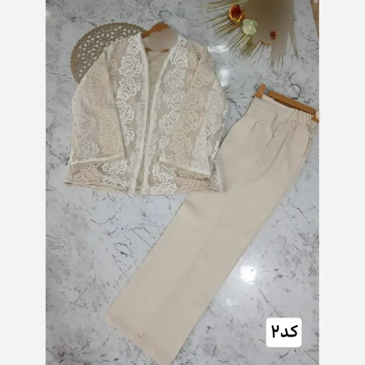 ست کت و شلوار مجلسی زنانه جنس گیپور دانتل و شلوار مازراتی سایز 36 تا 48