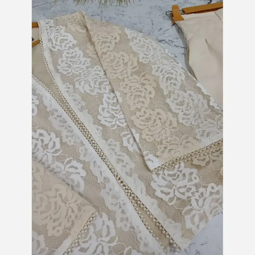 ست کت و شلوار مجلسی زنانه جنس گیپور دانتل و شلوار مازراتی سایز 36 تا 48