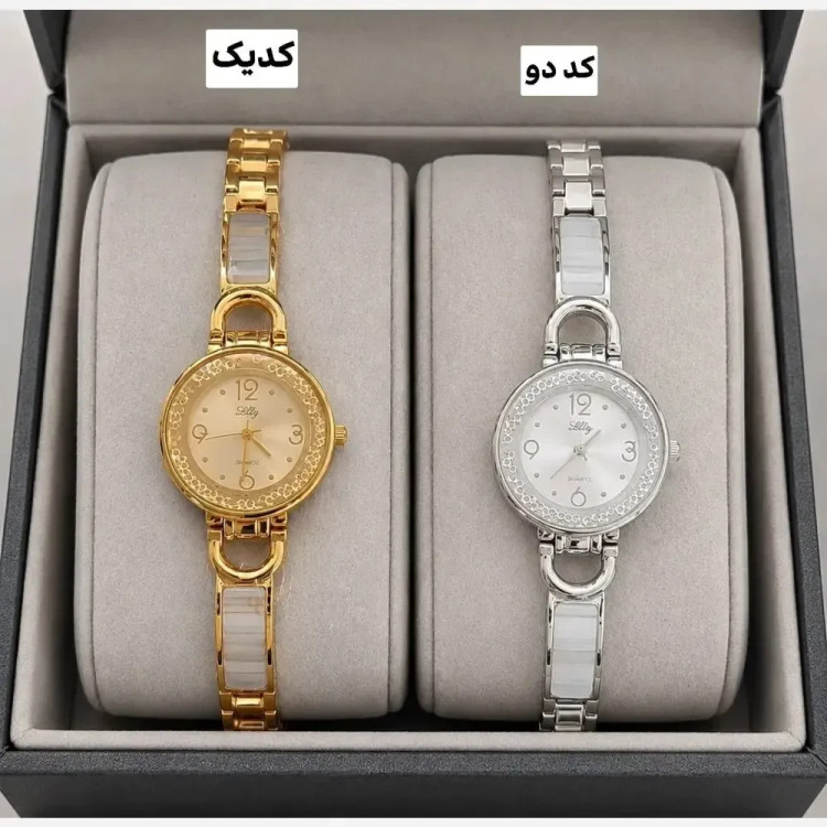 ساعت مچی زنانه بند استیل طرح سرامیکی دور نگین با جعبه کادویی