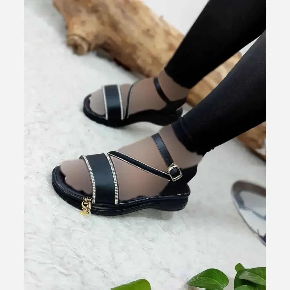 صندل طبی زنانه نگینی مدل حدیث با رویه چرم صنعتی و زیره طبی