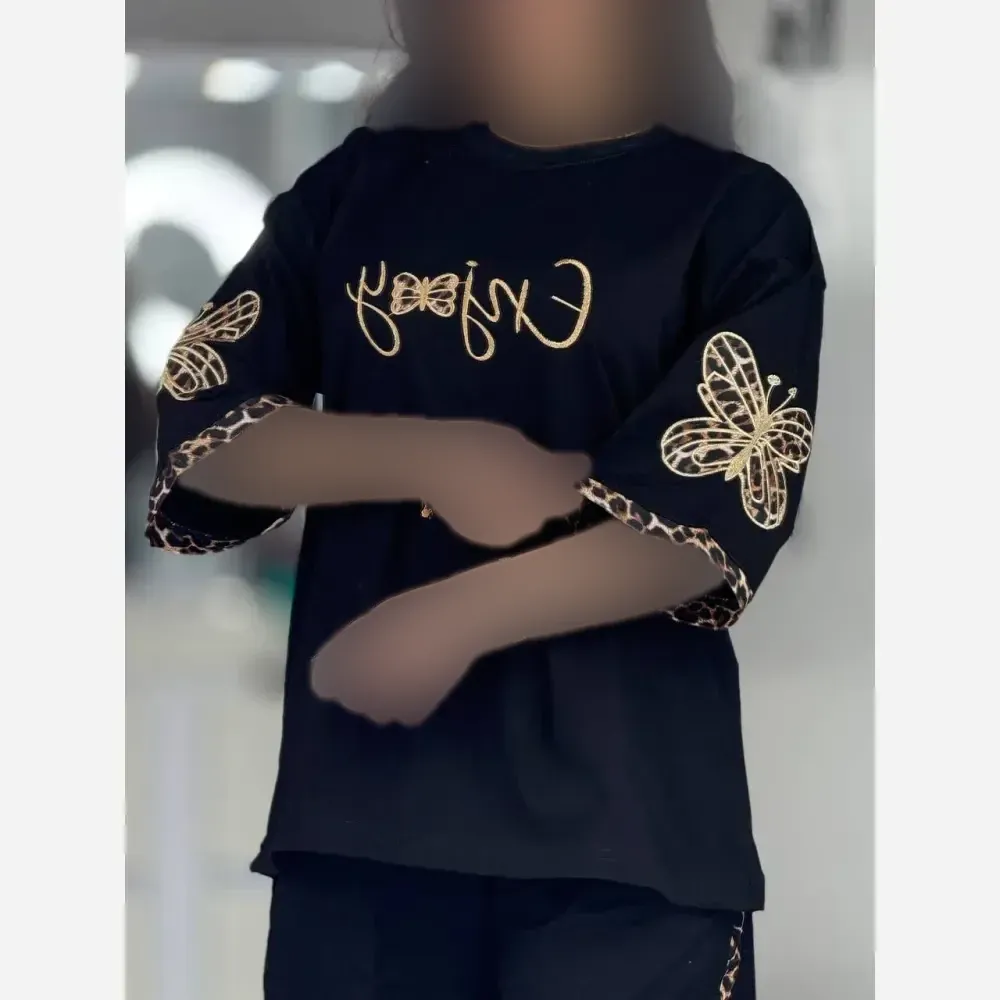 ست تیشرت و شلوار زنانه مدل گیلدا جنس پنبه گلکسی رنگ مشکی فری سایز 38 تا 46