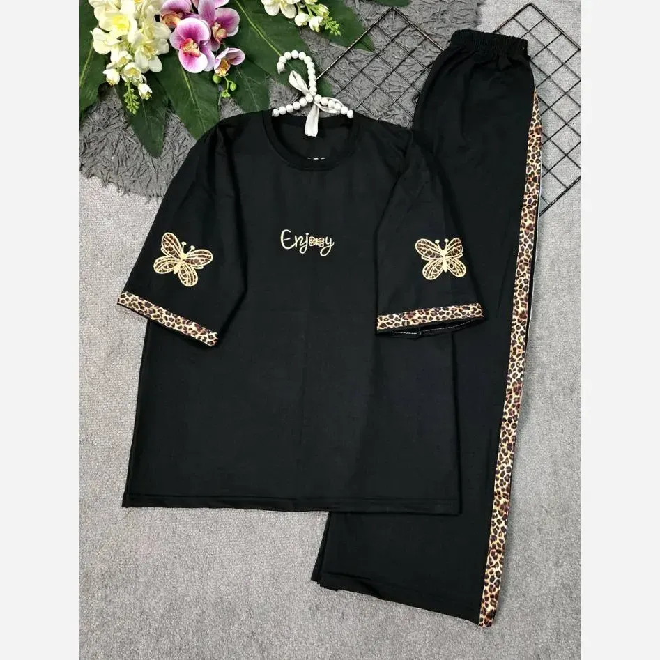 ست تیشرت و شلوار زنانه مدل گیلدا جنس پنبه گلکسی رنگ مشکی فری سایز 38 تا 46
