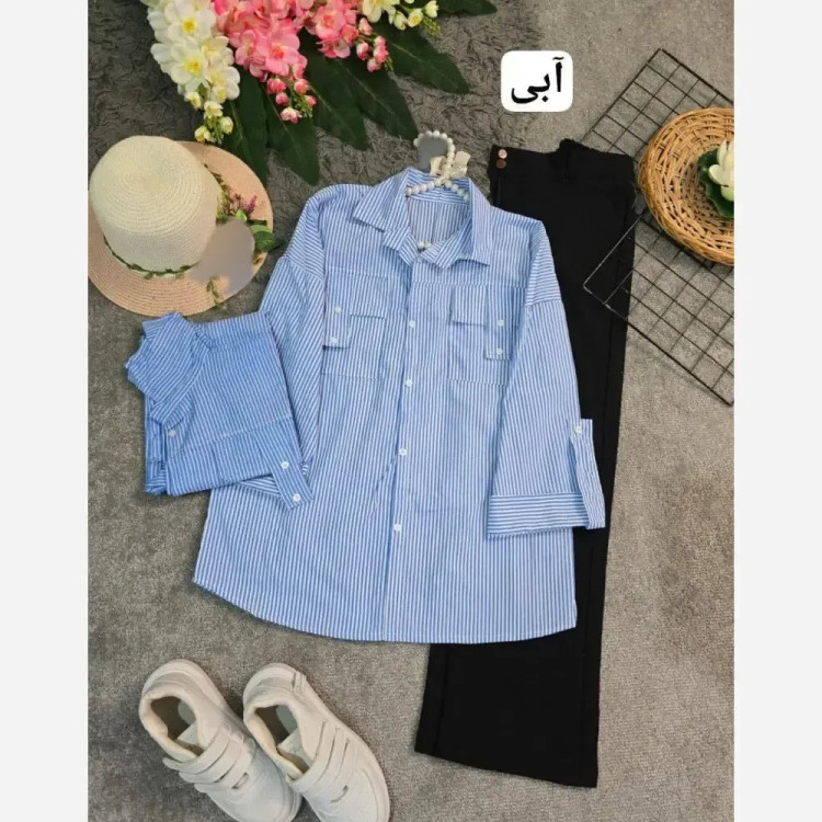شومیز نخی راه راه مدل جیب صلیبی فری سایز زنانه