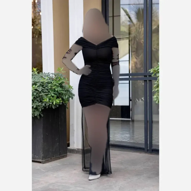 پیراهن زنانه مجلسی مدل هاریکا جنس فلامنت و تور رنگ مشکی قد 160