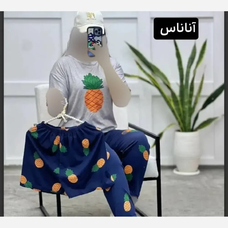 ست سه تیکه راحتی زنانه نخ پنبه فری سایز طرح آناناس و جوجه
