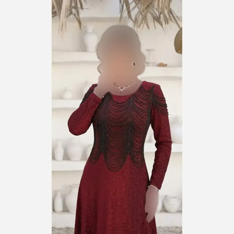پیراهن مجلسی زنانه مدل روناک جنس لمه با تزئینات منجوق و کریستال قد 150