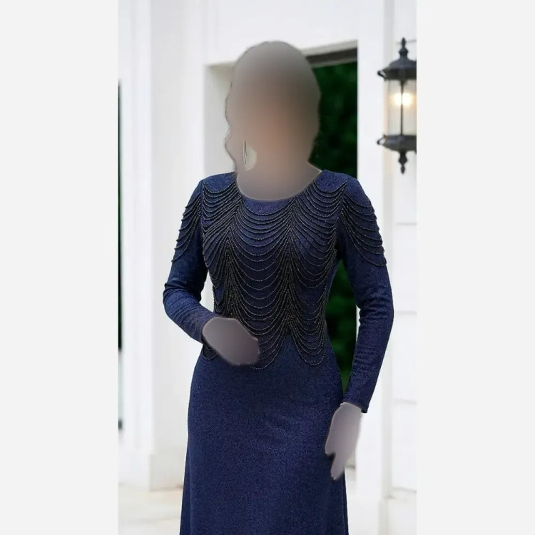پیراهن مجلسی زنانه مدل روناک جنس لمه با تزئینات منجوق و کریستال قد 150