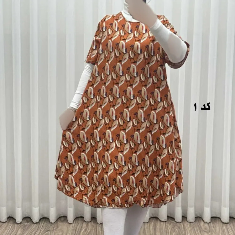 پیراهن ساحلی زنانه نخی آستین کوتاه فری سایز مناسب تا سایز 52