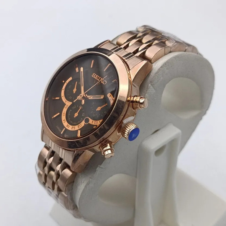 ساعت مچی زنانه سیکو طرح سه موتور صفحه مشکی رزگلد با تقویم و موتور ژاپن