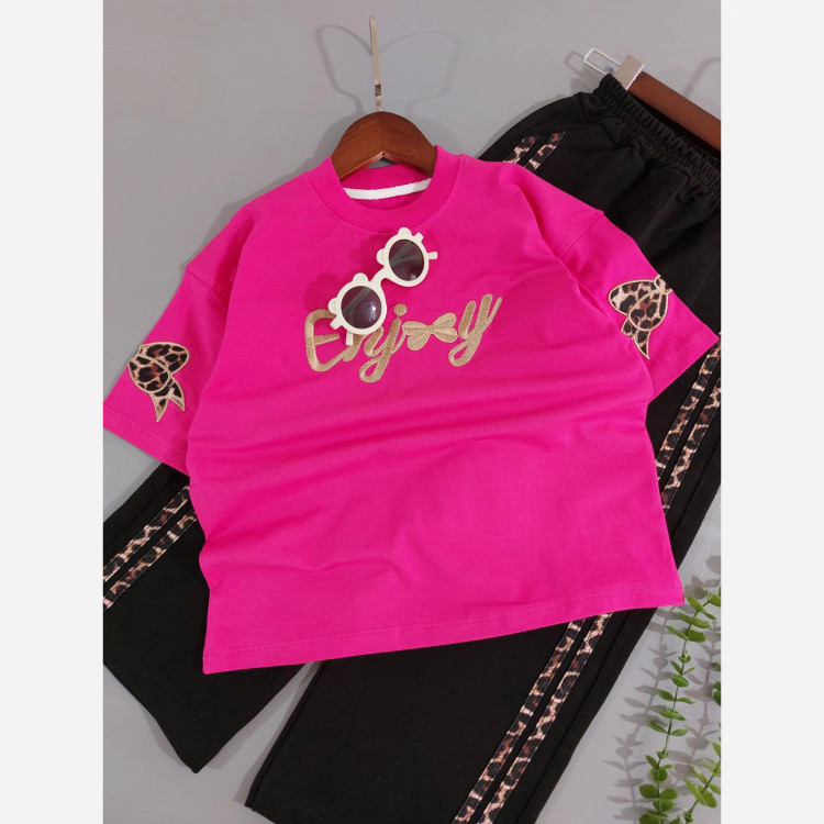 ست بلوز و شلوار دخترانه طرح Enjoy جنس پنبه لاکرادار و گلکسی سایز 45 تا 65