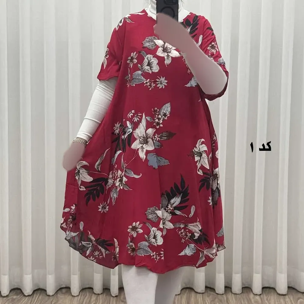 پیراهن ساحلی زنانه نخی آستین کوتاه فری سایز مناسب تا سایز 52