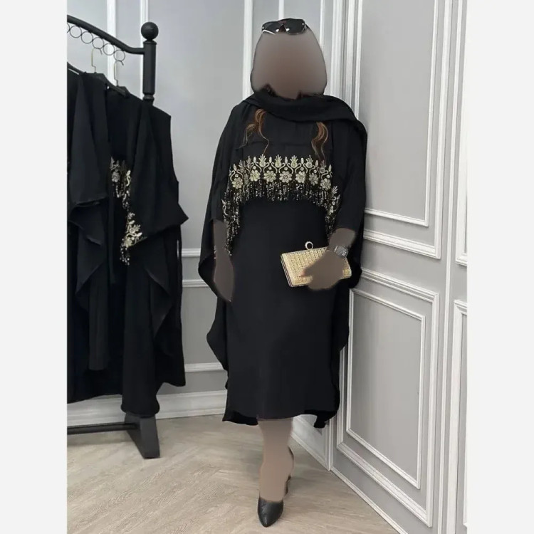 سارافون و رویه زنانه مجلسی ابروبادی مشکی با خرج کار گیپور پولک دوزی فری سایز