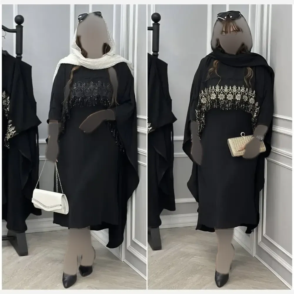 سارافون و رویه زنانه مجلسی ابروبادی مشکی با خرج کار گیپور پولک دوزی فری سایز