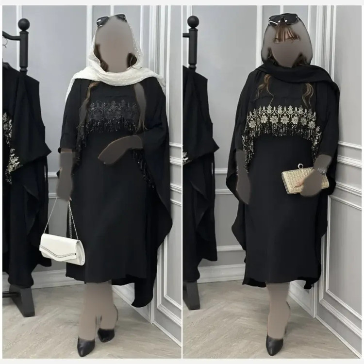 سارافون و رویه زنانه مجلسی ابروبادی مشکی با خرج کار گیپور پولک دوزی فری سایز