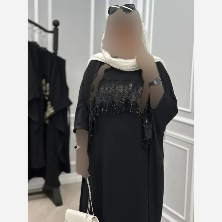 سارافون و رویه زنانه مجلسی ابروبادی مشکی با خرج کار گیپور پولک دوزی فری سایز