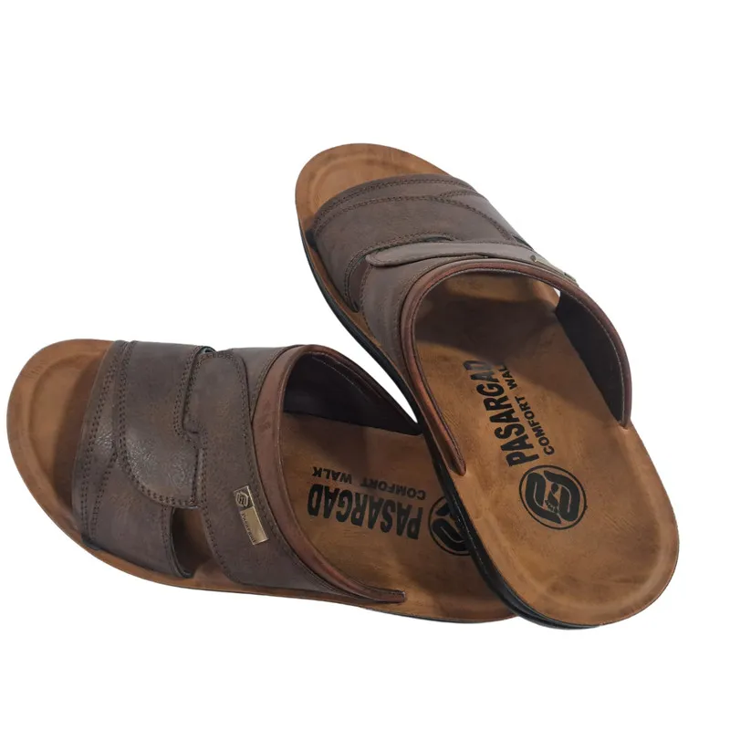 دمپایی مردانه جلوباز چرم مصنوعی با زیره ضد لغزش و کفی پلی اورتان