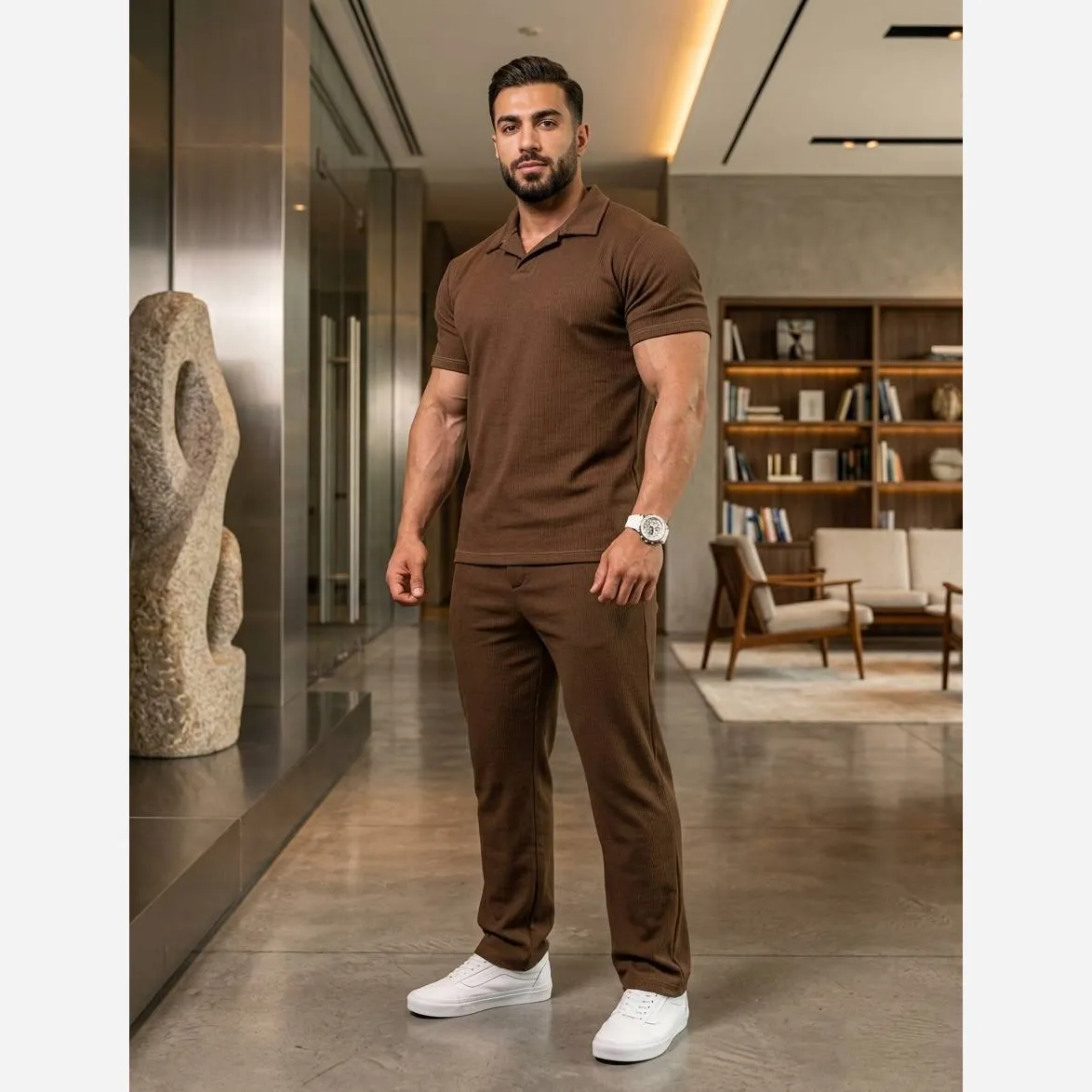 ست تیشرت و شلوار مردانه یقه مصری زارا جنس فیتله ای لارنس فری سایز باکسی