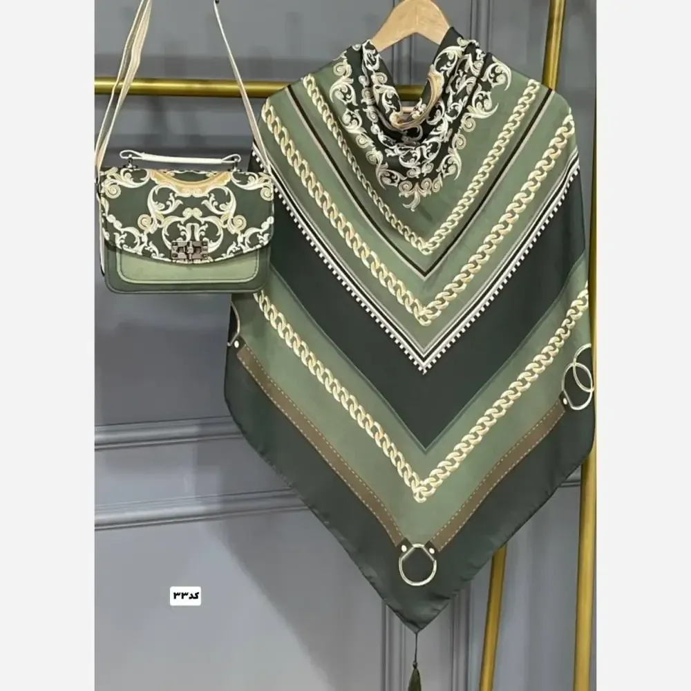 ست کیف و روسری زنانه مدل گالریا با کیف مخمل و چرم و روسری نخی منگولهدار
