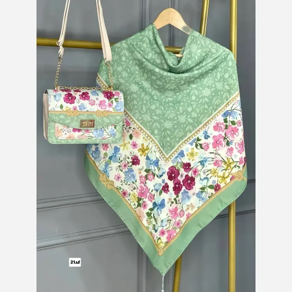 ست کیف و روسری گلاره با کیف مخمل و چرم و روسری نخی منگولهدار