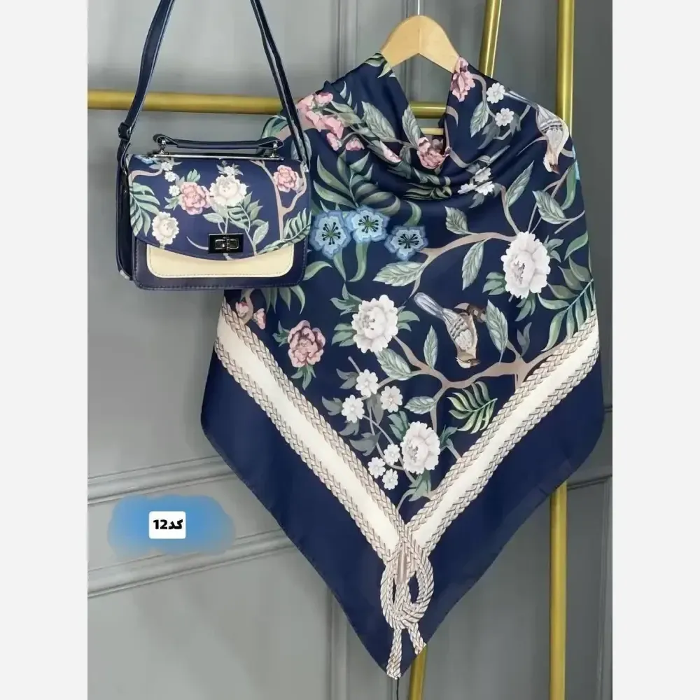 ست کیف و روسری گلسا جنس مخمل و چرم صنعتی با روسری نخی منگولهدار