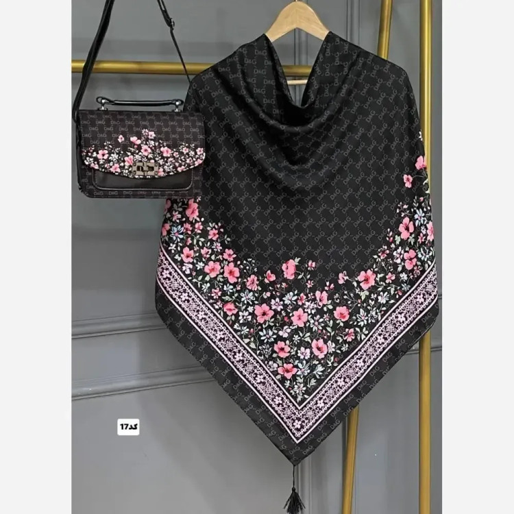 ست کیف و روسری گلسا جنس مخمل و چرم صنعتی با روسری نخی منگولهدار