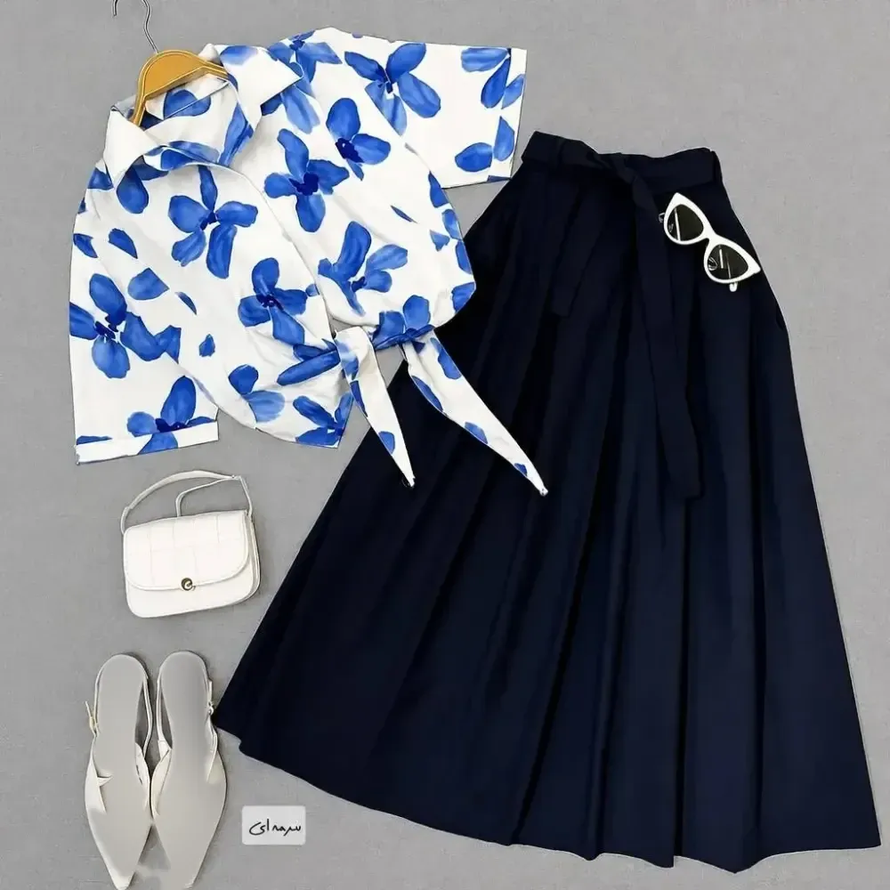 ست شومیز و دامن طرح آفتابگردون جنس لینن و شانتون اسلپ