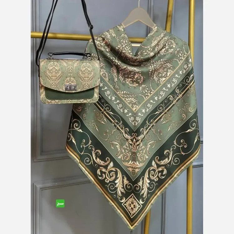 ست کیف و روسری الیزابت با کیف مخمل و چرم و روسری نخی منگولهدار