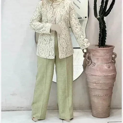 ست مانتو و شلوار مجلسی گیپور و مازراتی مرواریدی زنانه