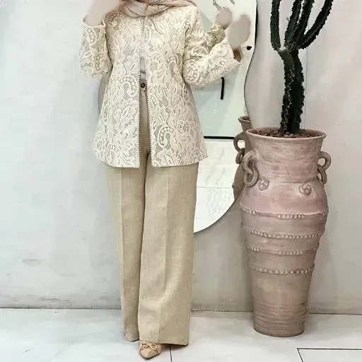 ست مانتو و شلوار مجلسی گیپور و مازراتی مرواریدی زنانه