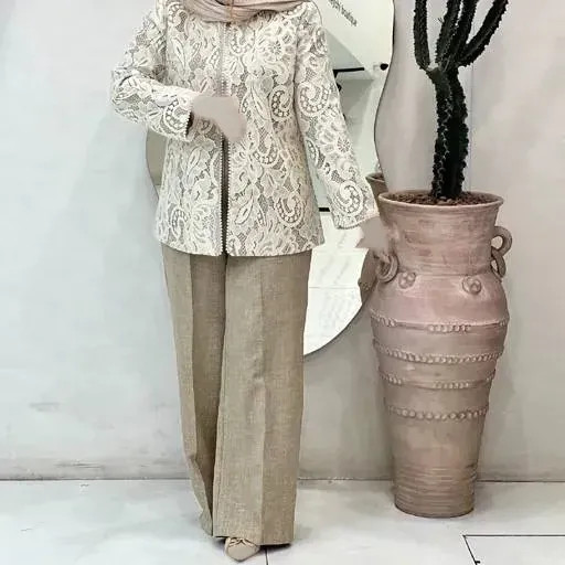 ست مانتو و شلوار مجلسی گیپور و مازراتی مرواریدی زنانه