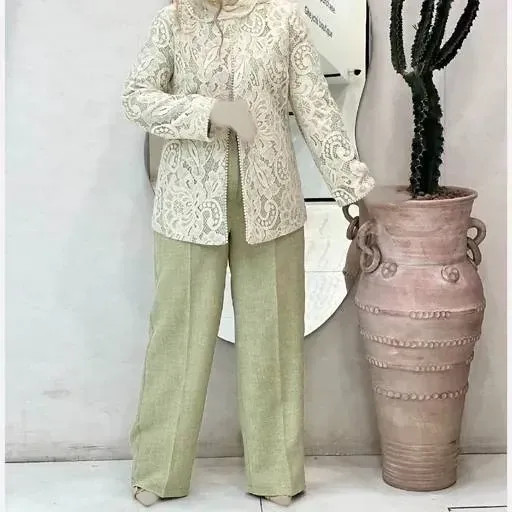 ست مانتو و شلوار مجلسی گیپور و مازراتی مرواریدی زنانه