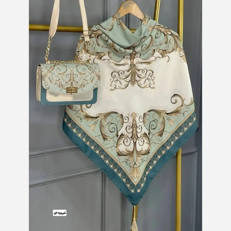 ست کیف و روسری کاترینا جنس مخمل و چرم صنعتی با روسری نخی منگولهدار