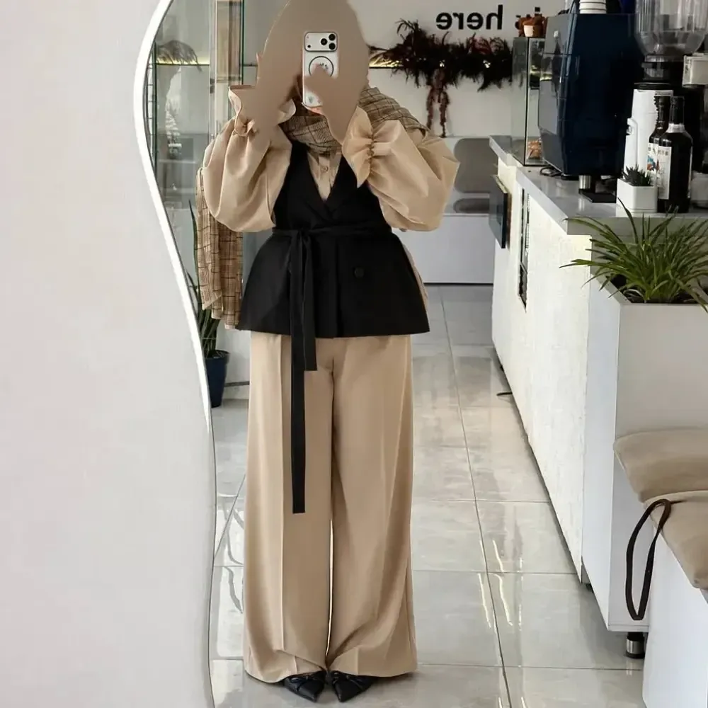 ست سه تیکه زنانه روژین جنس مازراتی شامل وست شومیز و شلوار پیله دار سایز 38 تا 50