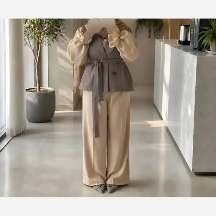 ست سه تیکه زنانه روژین جنس مازراتی شامل وست شومیز و شلوار پیله دار سایز 38 تا 50
