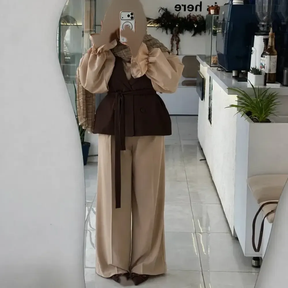 ست سه تیکه زنانه روژین جنس مازراتی شامل وست شومیز و شلوار پیله دار سایز 38 تا 50