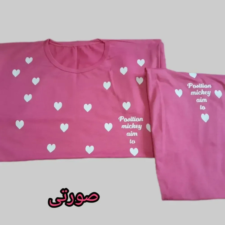 ست تیشرت و شلوار زنانه راحتی طرح قلب جنس نخ ویسکوز فول کش سایز 38 تا 48