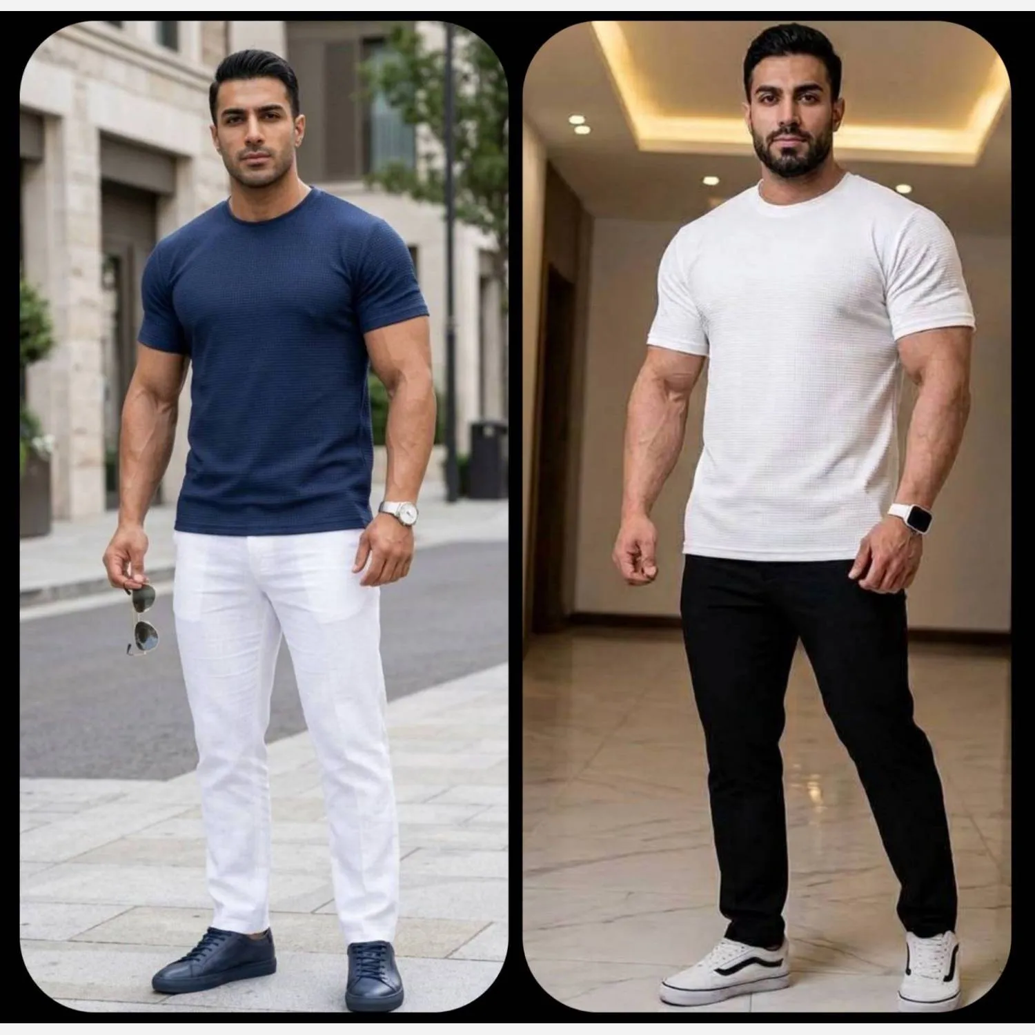 تیشرت مردانه یقه گرد جنس بیسکوییتی سایز بزرگ رنگ سفید و سورمه ای
