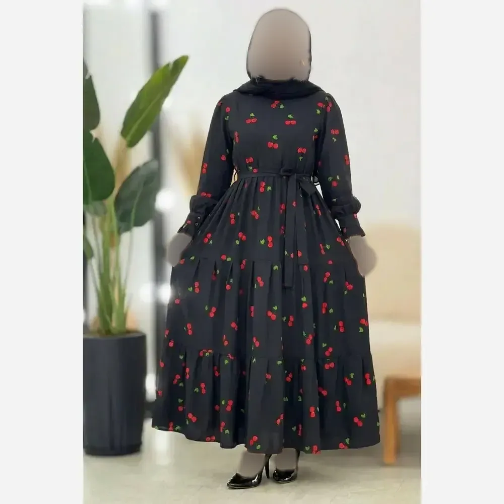 پیراهن زنانه مدل گیلاسی یقه چین جنس بوگاتی رنگ مشکی فری سایز 38 تا 46