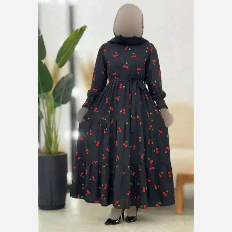 پیراهن زنانه مدل گیلاسی یقه چین جنس بوگاتی رنگ مشکی فری سایز 38 تا 46