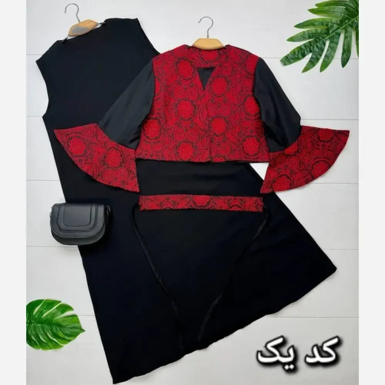ست سه تیکه کت و سارافن زنانه جنس تافته و ژاکارد سایز فری 38 تا 48