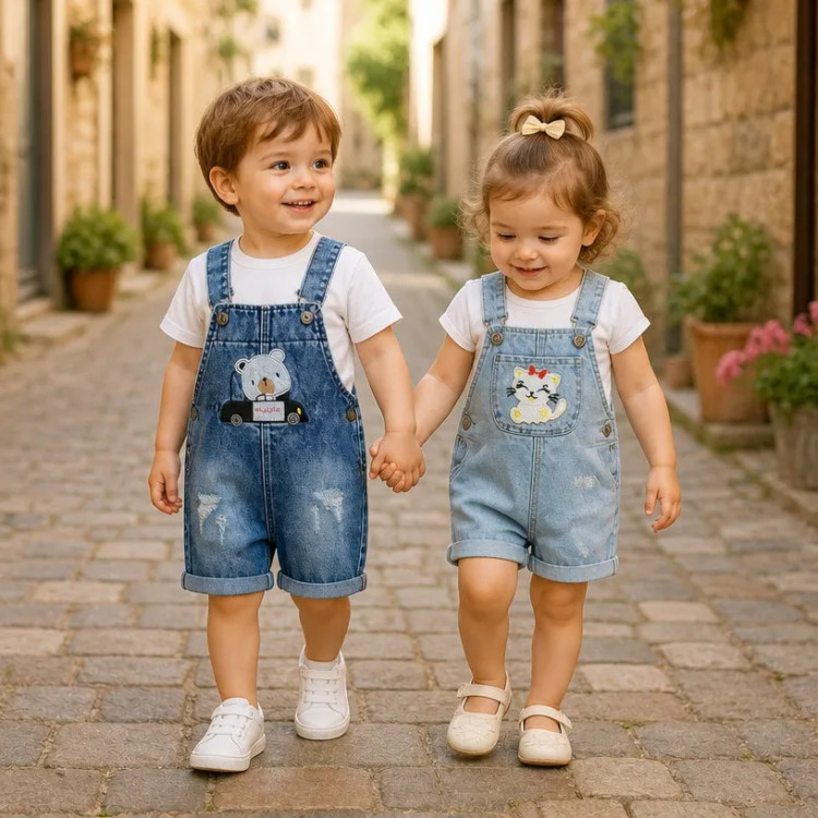 بیلر شلوارکی جین نوزادی پسرانه طرح تدی ماشین سوار