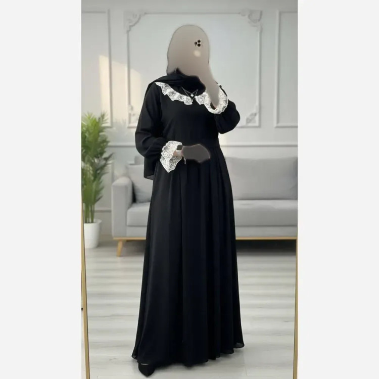 عبا مجلسی زنانه یقه گیپور جنس الیزه مشکی رنگ سایز فری سایز
