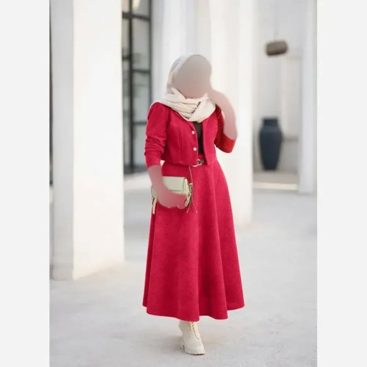 مانتو ترکیبی پیچازی مخمل کبریتی کمربنددار فری سایز